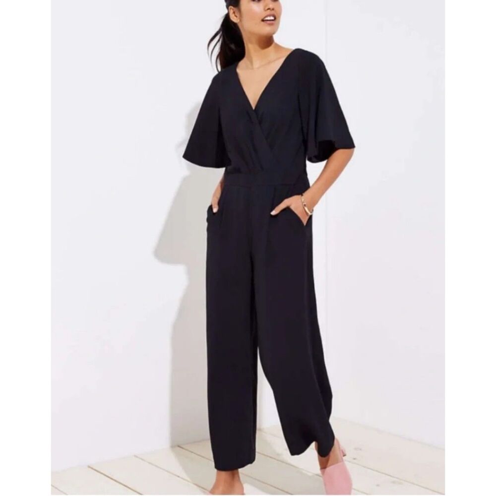 LOFT Black Flutter Bell Sleeve Wide Leg V-Neck Jumpsuit | SZ 0